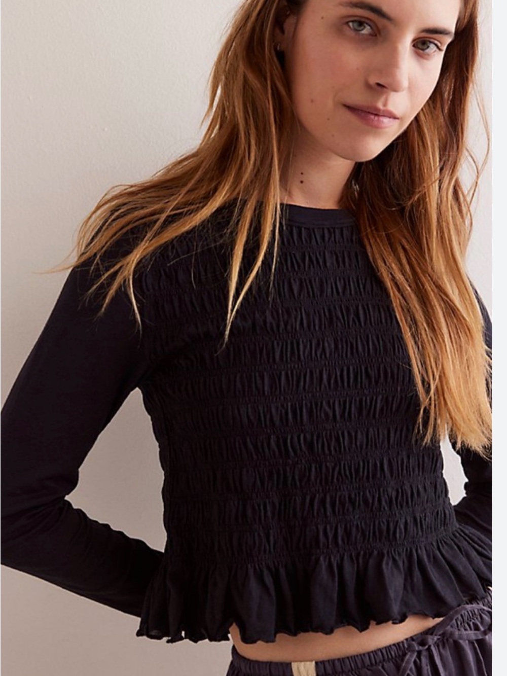 We The Free Black Smocked Ruffle-Hem Long Sleeve Top